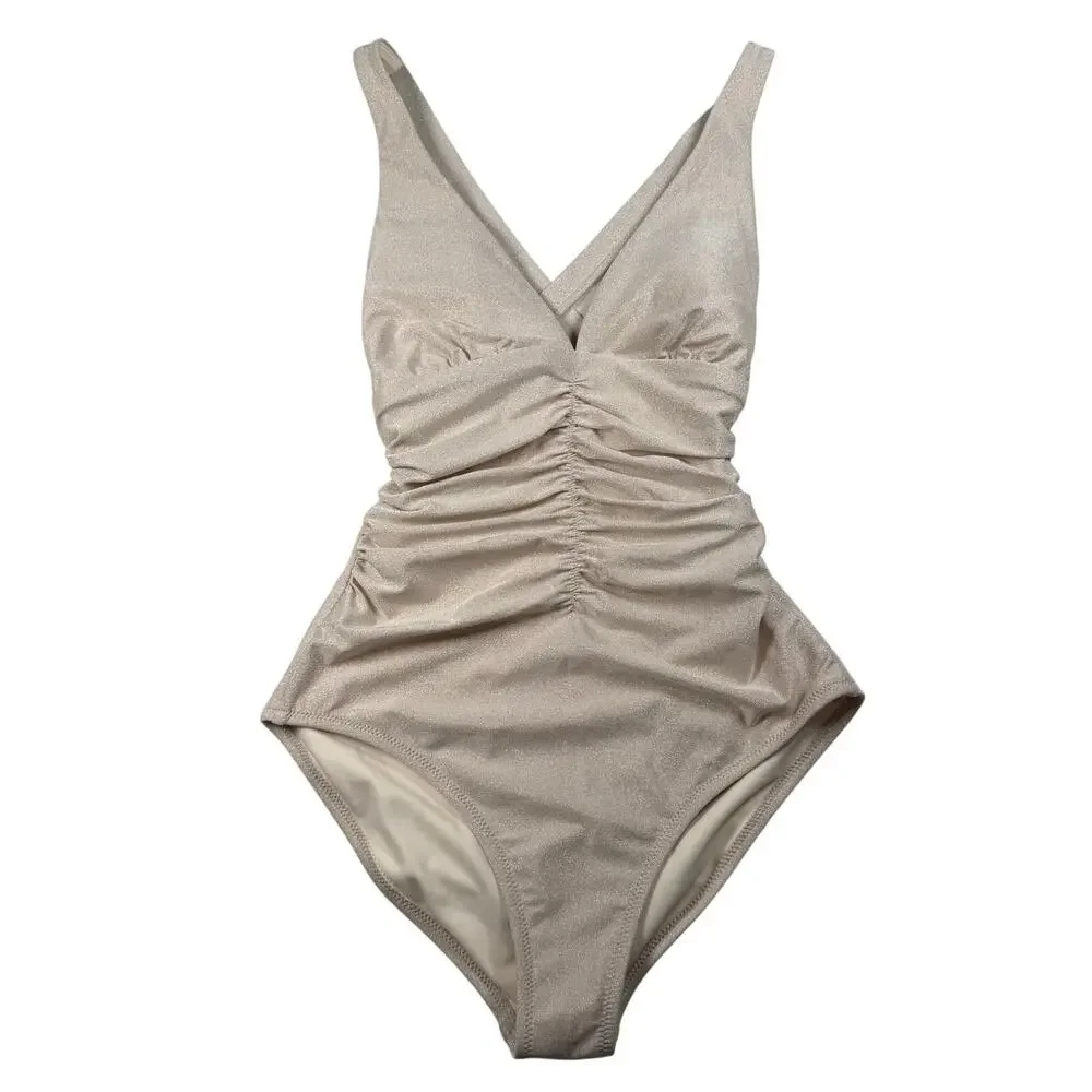Shade & Shore Swimsuit Women's XS Cream Ruched Sparkly Removable Pads NWT